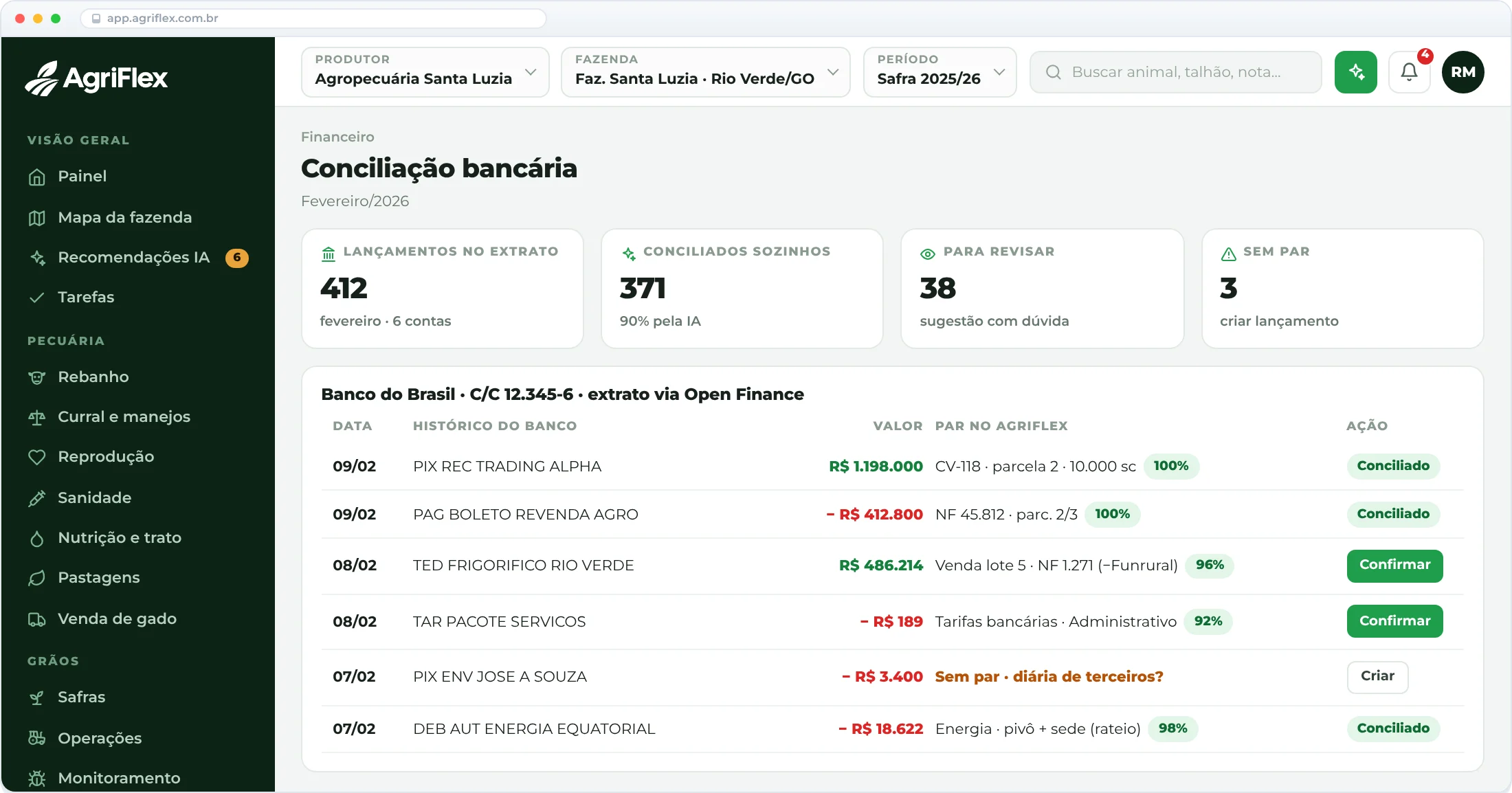 Extrato que chega sozinho e <em>se concilia com IA</em>