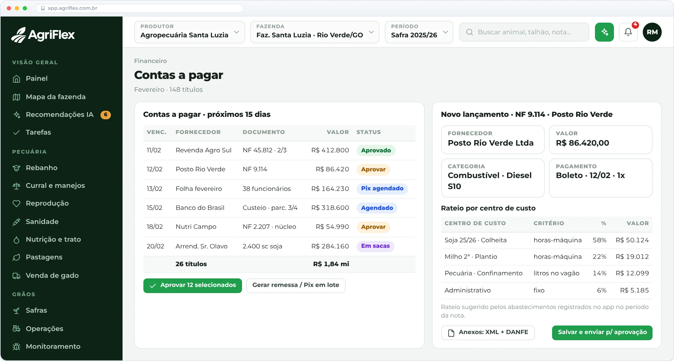 Cada conta com documento, aprovação e <em>centro de custo</em>