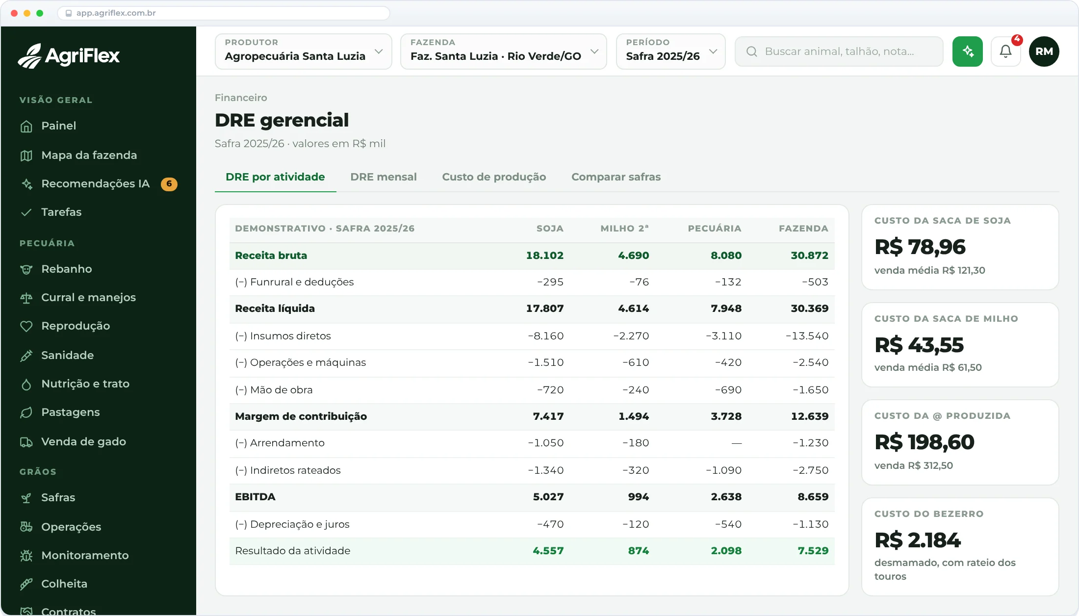 Centros de custo e DRE no AgriFlex
