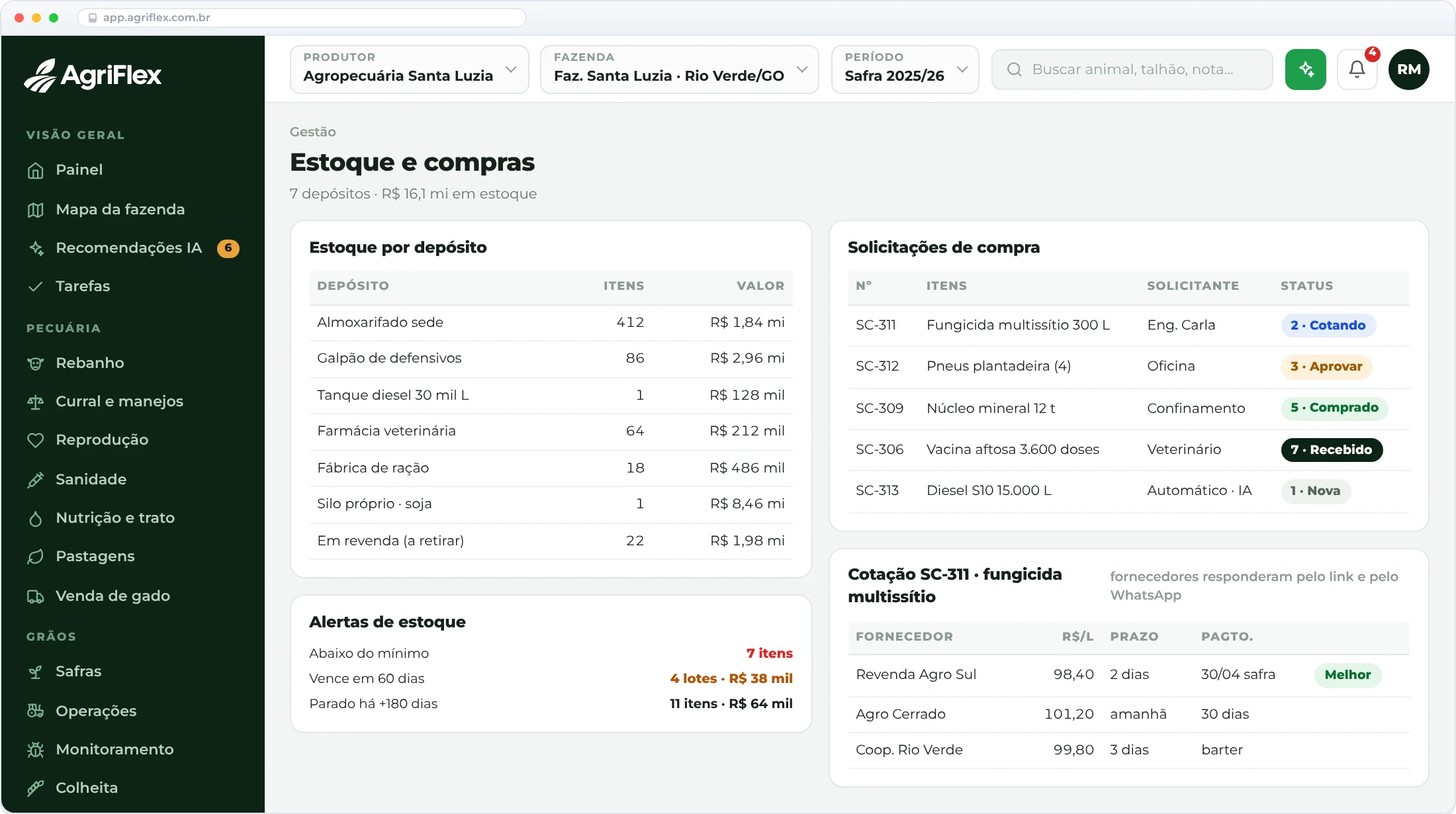 Estoque e compras no AgriFlex