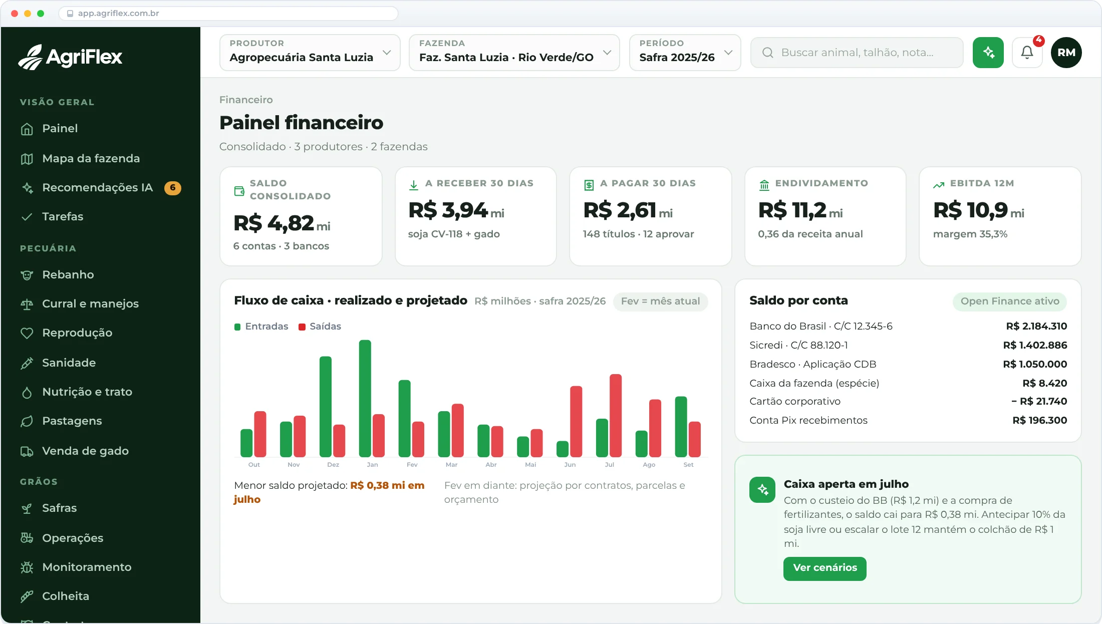 Painel financeiro do AgriFlex